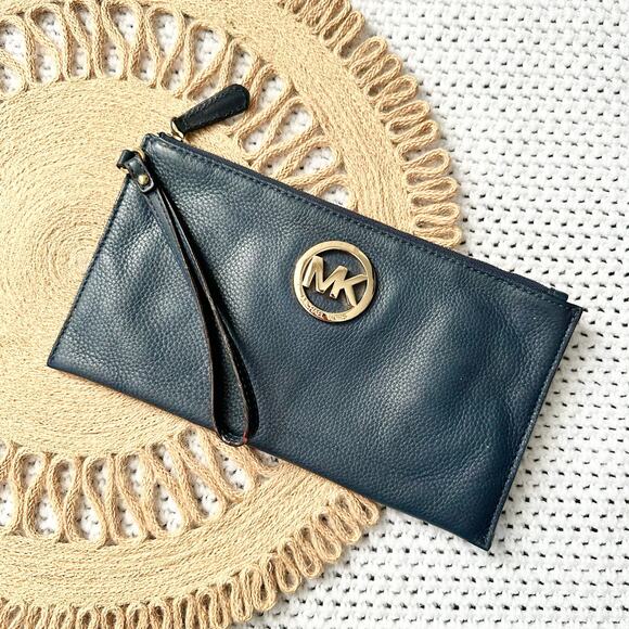 MICHAEL Michael Kors Handbags - Michael Kors Navy Blue Fulton Soft Leather Zip Clutch Wallet Wristlet Gold